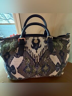 Tory Burch Olive Green, Navy and Cream Tapestry Tote with Dust Bag & long strap
